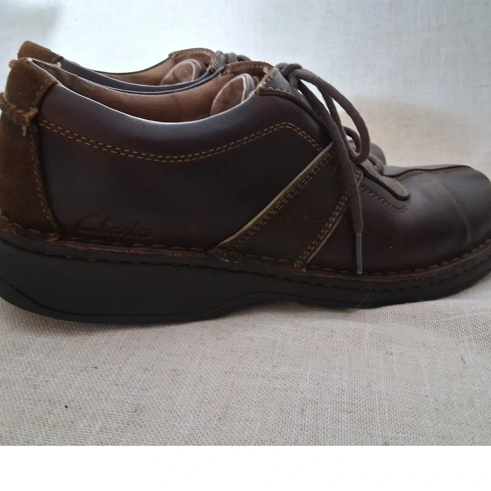 Clarks Mens 30347 Brown Leather Lace Up Oxford Shoes Suede Accents Size 11M